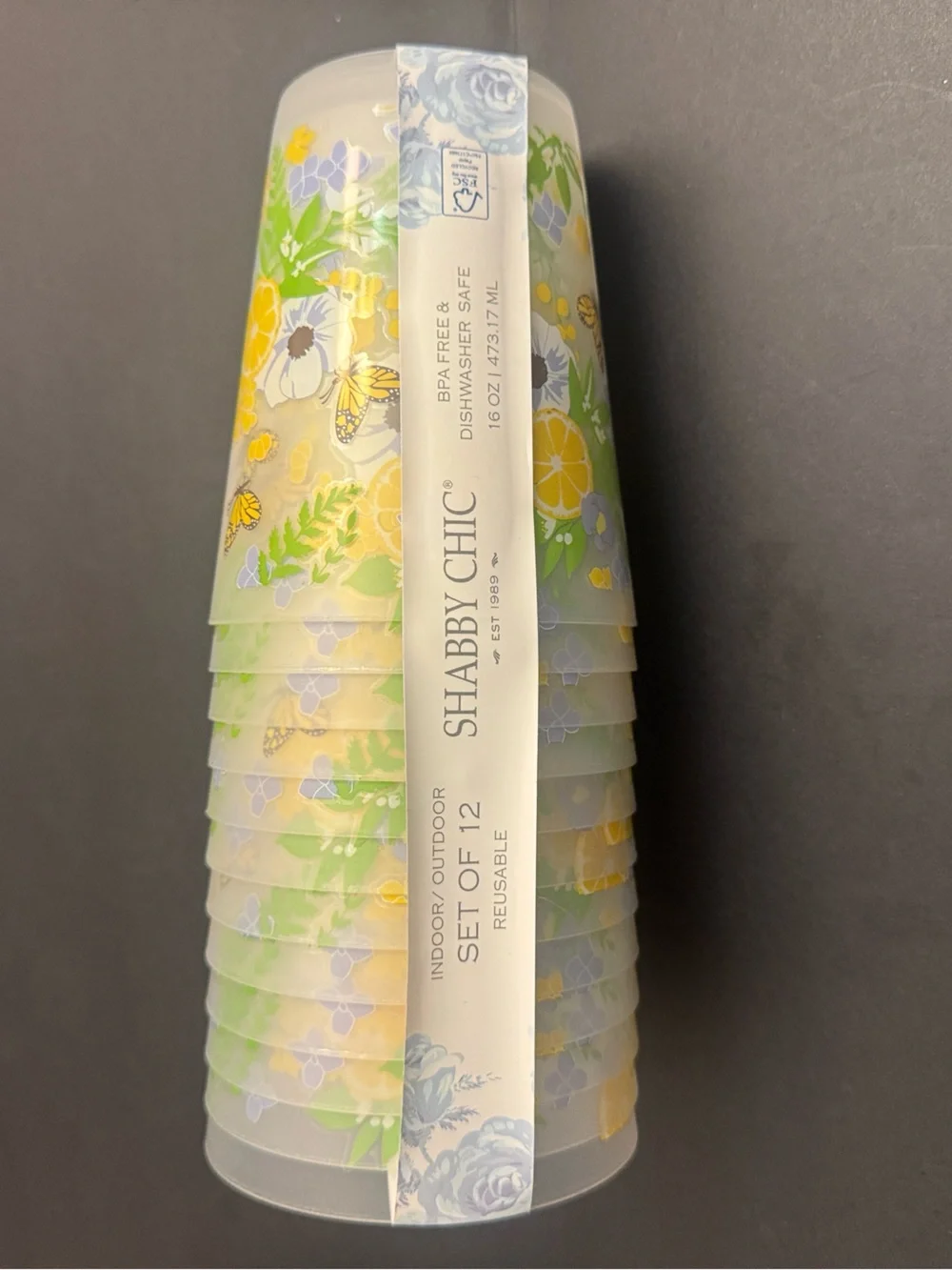 12pc SHABBY CHIC Citrus/Butterfly Floral Reusable Plastic Cups - 16oz